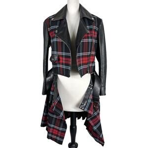 Jean Paul Gaultier Fall 2014 Plaid Wool Leather Moto Jacket & Pleated Skirt IT40